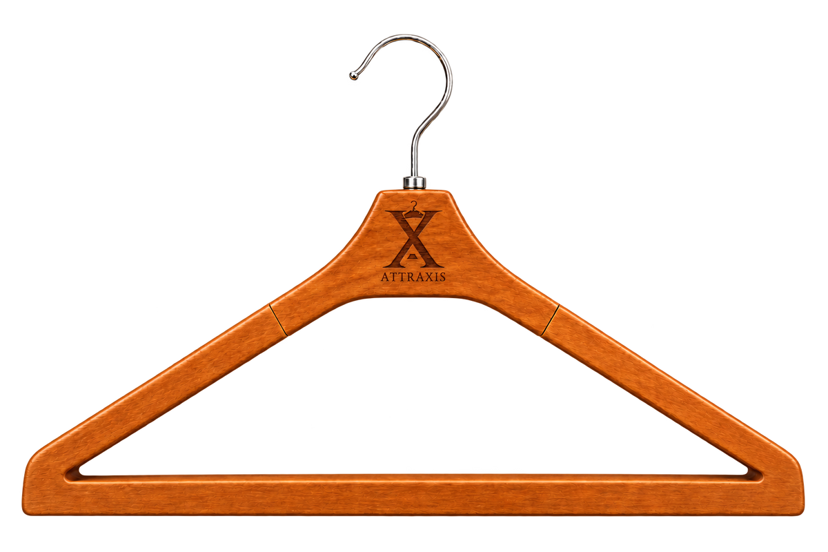 The Attraxis suit hanger in solid hardwood with a magnetic swivel hook