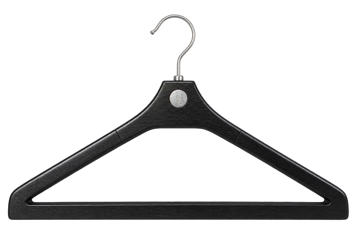 Black Attraxis suit hanger, rear view showing the exposed circular magnet