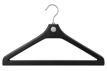 Black Attraxis suit hanger, rear view showing the exposed circular magnet