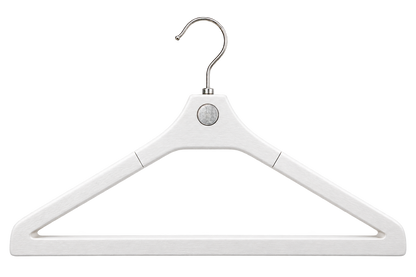 White Attraxis suit hanger, rear view showing the exposed circular magnet